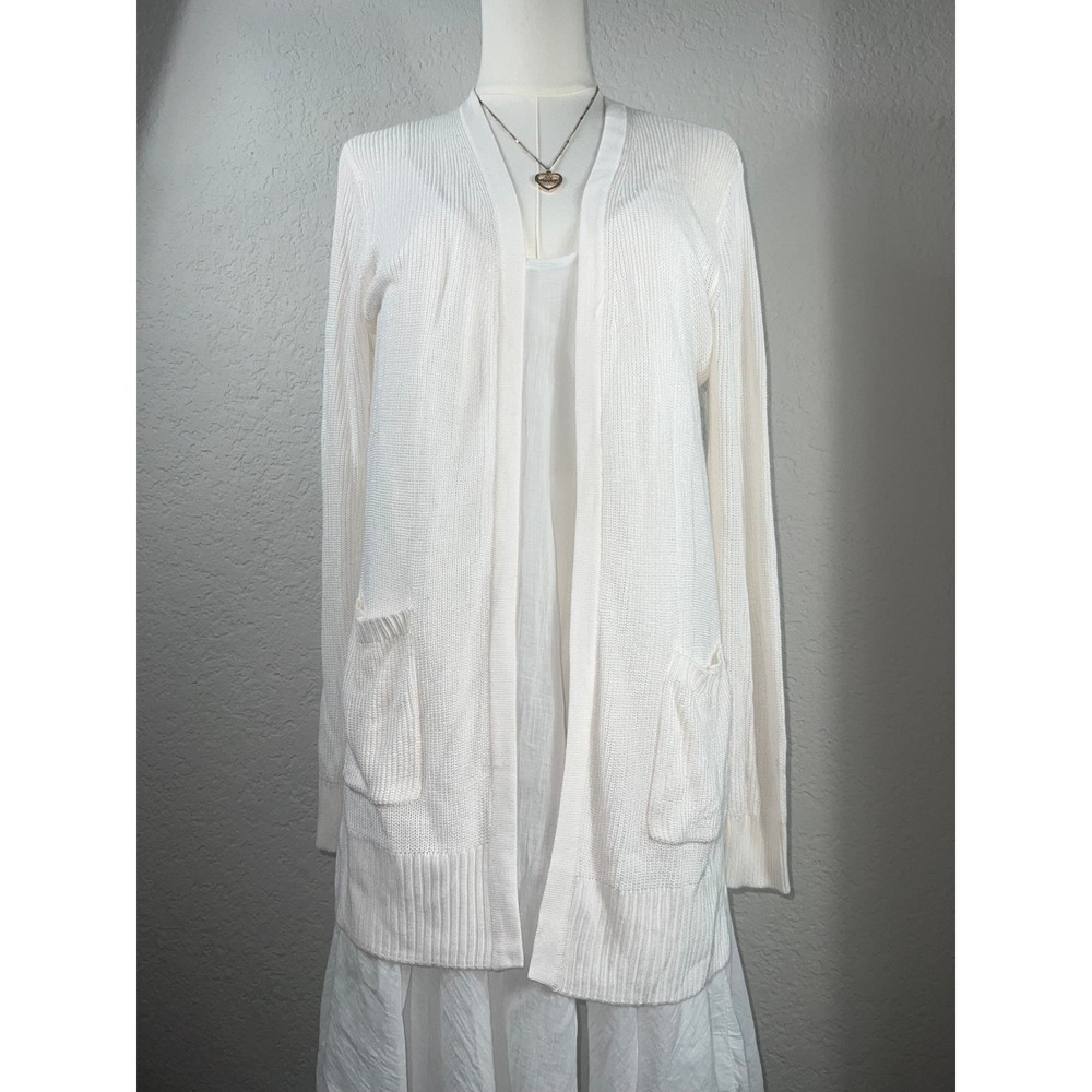 White Ribbed Open Front Cardigan Longline Sweater Medium 100% Rayon Coastal